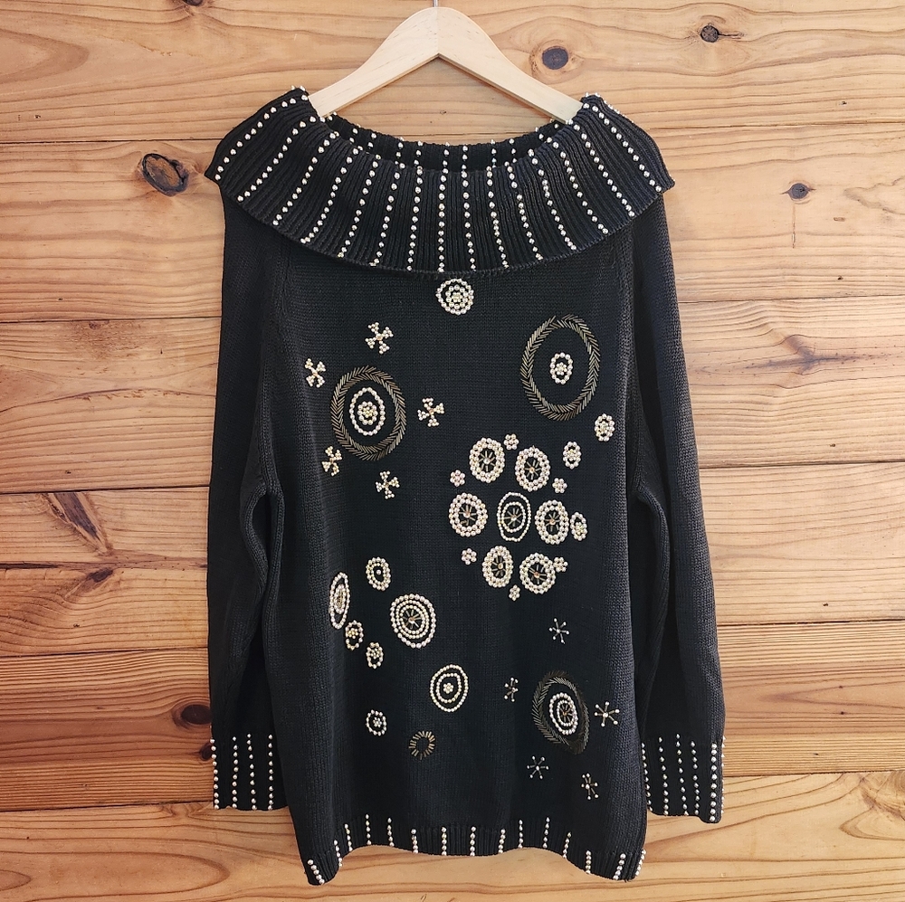 Vintage Victoria Harbour Black and Gold Beaded Women's Sweater Sz L